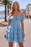 Yellow Off the Shoulder Tiered A Line Floral Homecoming Dress with Lace-up Back