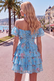 Yellow Off the Shoulder Tiered A Line Floral Homecoming Dress with Lace-up Back
