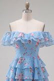Yellow Off the Shoulder Tiered A Line Floral Homecoming Dress with Lace-up Back
