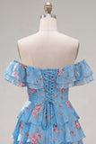 Yellow Off the Shoulder Tiered A Line Floral Homecoming Dress with Lace-up Back