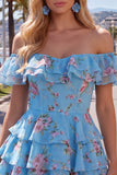 Yellow Off the Shoulder Tiered A Line Floral Homecoming Dress with Lace-up Back