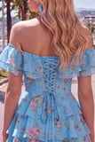 Yellow Off the Shoulder Tiered A Line Floral Homecoming Dress with Lace-up Back