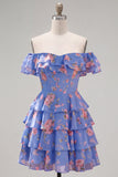 Yellow Off the Shoulder Tiered A Line Floral Homecoming Dress with Lace-up Back