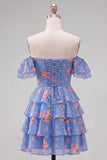 Yellow Off the Shoulder Tiered A Line Floral Homecoming Dress with Lace-up Back