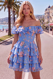 Yellow Off the Shoulder Tiered A Line Floral Homecoming Dress with Lace-up Back