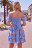Yellow Off the Shoulder Tiered A Line Floral Homecoming Dress with Lace-up Back