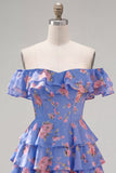 Yellow Off the Shoulder Tiered A Line Floral Homecoming Dress with Lace-up Back