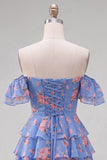 Yellow Off the Shoulder Tiered A Line Floral Homecoming Dress with Lace-up Back
