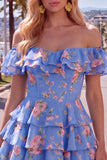 Yellow Off the Shoulder Tiered A Line Floral Homecoming Dress with Lace-up Back
