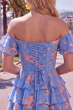 Yellow Off the Shoulder Tiered A Line Floral Homecoming Dress with Lace-up Back