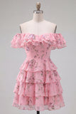 Yellow Off the Shoulder Tiered A Line Floral Homecoming Dress with Lace-up Back