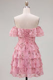 Yellow Off the Shoulder Tiered A Line Floral Homecoming Dress with Lace-up Back