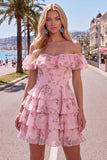 Yellow Off the Shoulder Tiered A Line Floral Homecoming Dress with Lace-up Back