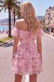 Yellow Off the Shoulder Tiered A Line Floral Homecoming Dress with Lace-up Back
