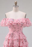 Yellow Off the Shoulder Tiered A Line Floral Homecoming Dress with Lace-up Back