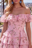 Yellow Off the Shoulder Tiered A Line Floral Homecoming Dress with Lace-up Back