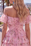 Yellow Off the Shoulder Tiered A Line Floral Homecoming Dress with Lace-up Back