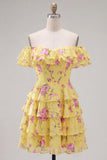 Yellow Off the Shoulder Tiered A Line Floral Homecoming Dress with Lace-up Back