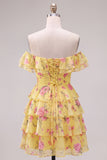 Yellow Off the Shoulder Tiered A Line Floral Homecoming Dress with Lace-up Back