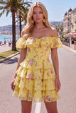 Yellow Off the Shoulder Tiered A Line Floral Homecoming Dress with Lace-up Back