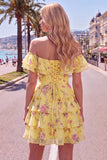 Yellow Off the Shoulder Tiered A Line Floral Homecoming Dress with Lace-up Back