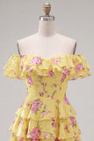 Yellow Off the Shoulder Tiered A Line Floral Homecoming Dress with Lace-up Back