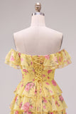 Yellow Off the Shoulder Tiered A Line Floral Homecoming Dress with Lace-up Back