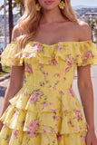Yellow Off the Shoulder Tiered A Line Floral Homecoming Dress with Lace-up Back