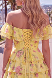 Yellow Off the Shoulder Tiered A Line Floral Homecoming Dress with Lace-up Back