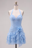 Halter Ruched Tiered Ruffle Pink Homecoming Dress with 3D Flower
