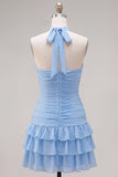 Halter Ruched Tiered Ruffle Pink Homecoming Dress with 3D Flower