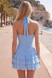 Halter Ruched Tiered Ruffle Pink Homecoming Dress with 3D Flower