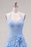Halter Ruched Tiered Ruffle Pink Homecoming Dress with 3D Flower