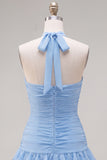 Halter Ruched Tiered Ruffle Pink Homecoming Dress with 3D Flower