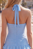 Halter Ruched Tiered Ruffle Pink Homecoming Dress with 3D Flower