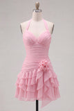 Halter Ruched Tiered Ruffle Pink Homecoming Dress with 3D Flower