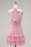 Halter Ruched Tiered Ruffle Pink Homecoming Dress with 3D Flower