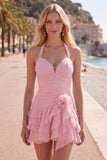 Halter Ruched Tiered Ruffle Pink Homecoming Dress with 3D Flower