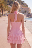 Halter Ruched Tiered Ruffle Pink Homecoming Dress with 3D Flower