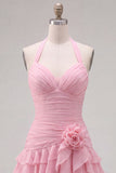 Halter Ruched Tiered Ruffle Pink Homecoming Dress with 3D Flower