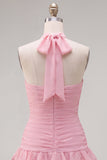 Halter Ruched Tiered Ruffle Pink Homecoming Dress with 3D Flower