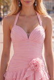 Halter Ruched Tiered Ruffle Pink Homecoming Dress with 3D Flower