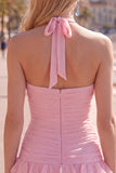Halter Ruched Tiered Ruffle Pink Homecoming Dress with 3D Flower
