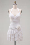 Halter Ruched Tiered Ruffle Pink Homecoming Dress with 3D Flower