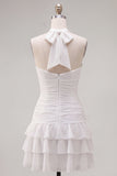 Halter Ruched Tiered Ruffle Pink Homecoming Dress with 3D Flower