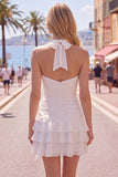 Halter Ruched Tiered Ruffle Pink Homecoming Dress with 3D Flower