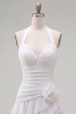 Halter Ruched Tiered Ruffle Pink Homecoming Dress with 3D Flower