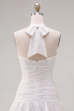 Halter Ruched Tiered Ruffle Pink Homecoming Dress with 3D Flower
