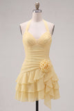 Halter Ruched Tiered Ruffle Pink Homecoming Dress with 3D Flower