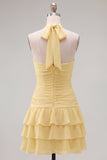Halter Ruched Tiered Ruffle Pink Homecoming Dress with 3D Flower